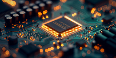 Close up of a microchip on a motherboard with illuminated circuits.の素材