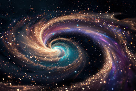 A cosmic swirl of stars and galaxies with vibrant colors and glittering particles.の素材