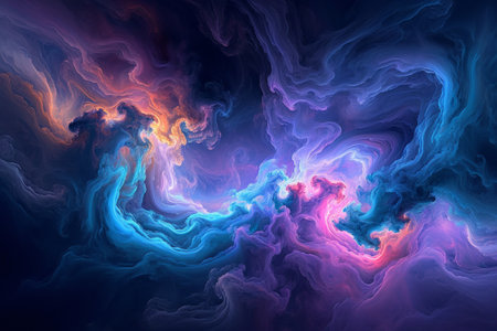An abstract visualisation of colorful interstellar cloud formations with swirling patterns.の素材
