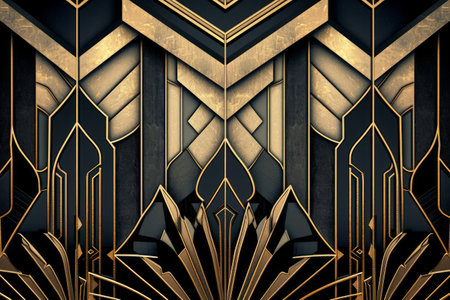 An art deco style geometric pattern with gold and black design.の素材