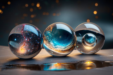Three glass spheres reflecting and encapsulating cosmic scenes with planets and stars.の素材