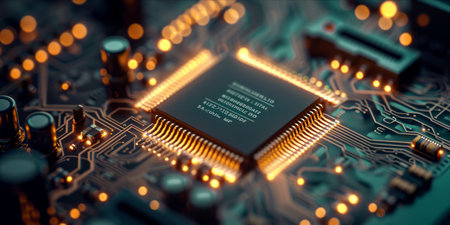 Close up of a microchip on a motherboard with illuminated circuits.の素材