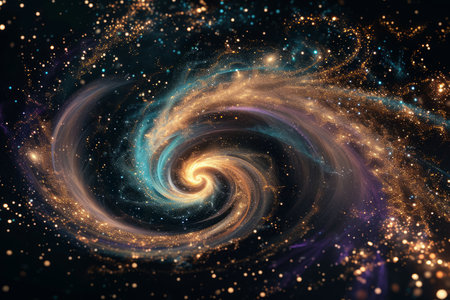 A cosmic swirl of stars and galaxies with vibrant colors and glittering particles.の素材