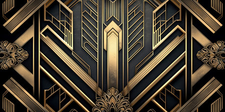 An art deco style geometric pattern with gold and black design.の素材