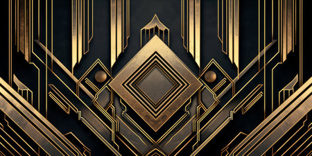An art deco style geometric pattern with gold and black design.の素材