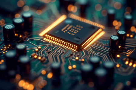 Close up of a microchip on a motherboard with illuminated circuits.の素材