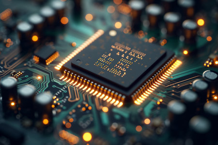 Close up of a microchip on a motherboard with illuminated circuits.の素材