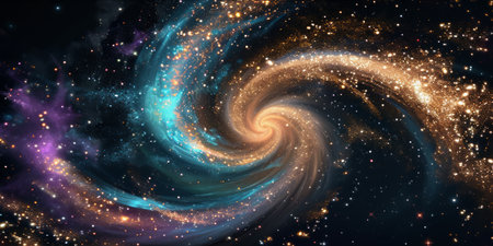 A cosmic swirl of stars and galaxies with vibrant colors and glittering particles.の素材