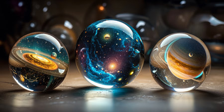 Three glass spheres reflecting and encapsulating cosmic scenes with planets and stars.の素材