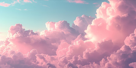 A dreamlike cloudscape with vibrant pink and soft white hues, resembling cotton candy.の素材