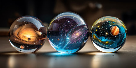 Three glass spheres reflecting and encapsulating cosmic scenes with planets and stars.の素材