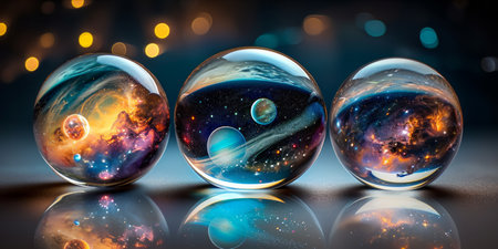 Three glass spheres reflecting and encapsulating cosmic scenes with planets and stars.の素材
