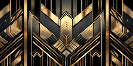 An art deco style geometric pattern with gold and black design.の素材
