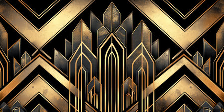 An art deco style geometric pattern with gold and black design.の素材