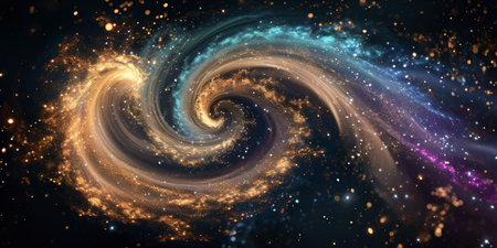 A cosmic swirl of stars and galaxies with vibrant colors and glittering particles.の素材