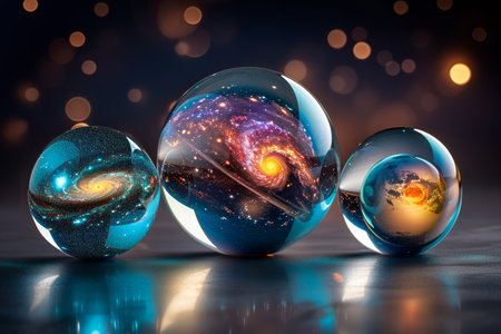 Three glass spheres reflecting and encapsulating cosmic scenes with planets and stars.の素材