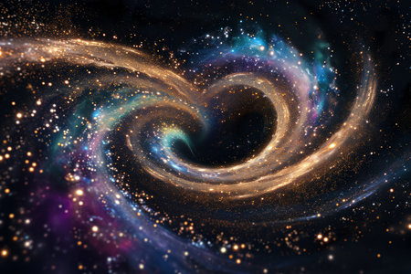 A cosmic swirl of stars and galaxies with vibrant colors and glittering particles.の素材