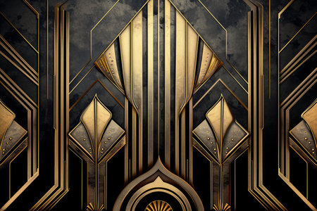 An art deco style geometric pattern with gold and black design.の素材