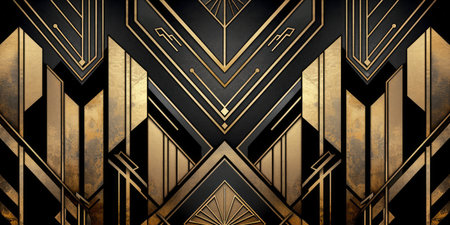 An art deco style geometric pattern with gold and black design.の素材