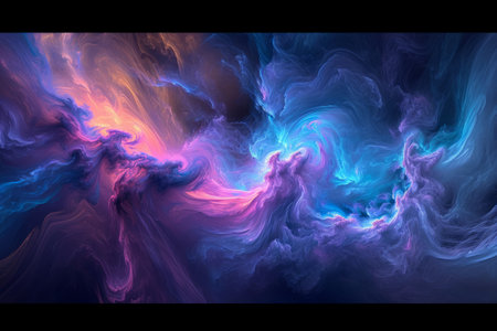 An abstract visualisation of colorful interstellar cloud formations with swirling patterns.の素材