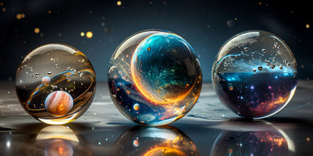 Three glass spheres reflecting and encapsulating cosmic scenes with planets and stars.の素材