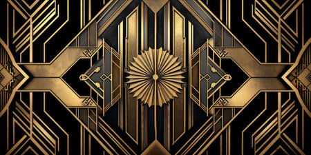 An art deco style geometric pattern with gold and black design.の素材