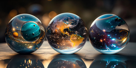 Three glass spheres reflecting and encapsulating cosmic scenes with planets and stars.の素材