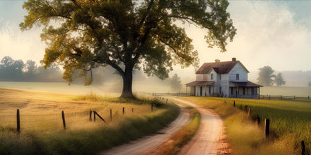 A pastoral scene with a country house, a dirt road, and a large tree, depicted in warm tones.の素材