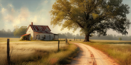 A pastoral scene with a country house, a dirt road, and a large tree, depicted in warm tones.の素材