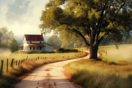 A pastoral scene with a country house, a dirt road, and a large tree, depicted in warm tones.の素材