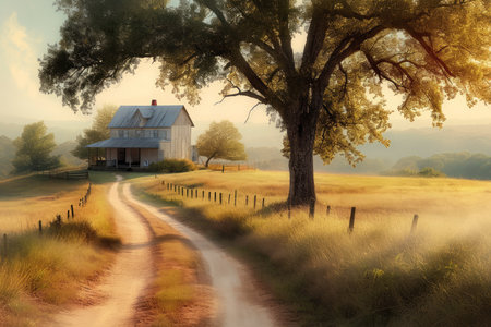 A pastoral scene with a country house, a dirt road, and a large tree, depicted in warm tones.の素材