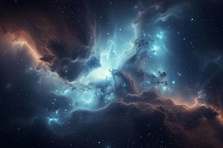 A dramatic nebula in space, with swirling clouds of gas and dust illuminated by starlight.の素材