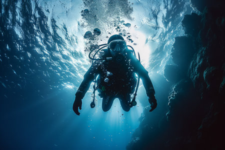 A scuba diver in deep water surrounded by bubbles and the blue glow of the ocean.の素材
