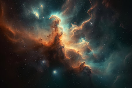 A dramatic nebula in space, with swirling clouds of gas and dust illuminated by starlight.の素材