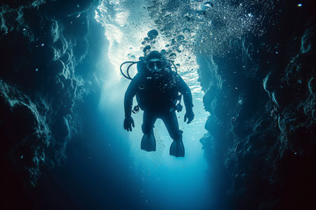 A scuba diver in deep water surrounded by bubbles and the blue glow of the ocean.の素材