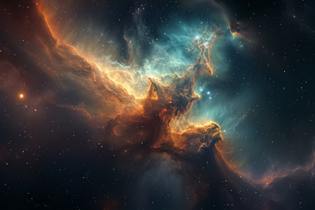 A dramatic nebula in space, with swirling clouds of gas and dust illuminated by starlight.の素材