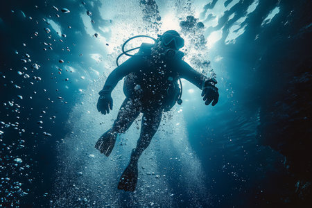 A scuba diver in deep water surrounded by bubbles and the blue glow of the ocean.の素材