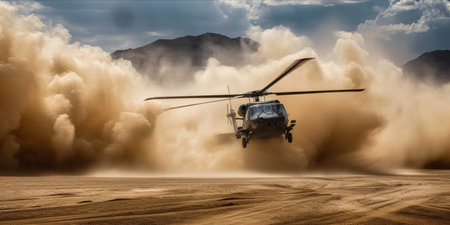 A helicopter landing in a desert, kicking up a large cloud of dust.の素材