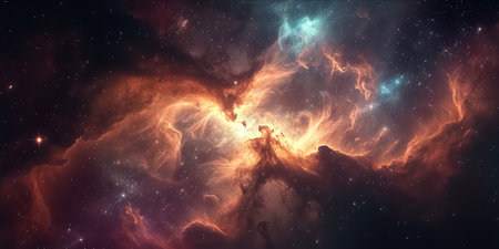 A dramatic nebula in space, with swirling clouds of gas and dust illuminated by starlight.の素材