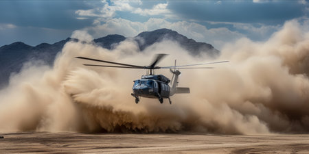 A helicopter landing in a desert, kicking up a large cloud of dust.の素材