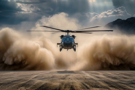 A helicopter landing in a desert, kicking up a large cloud of dust.の素材