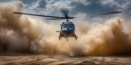 A helicopter landing in a desert, kicking up a large cloud of dust.の素材