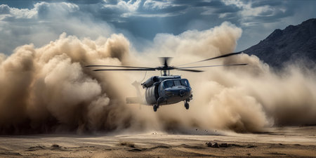 A helicopter landing in a desert, kicking up a large cloud of dust.の素材