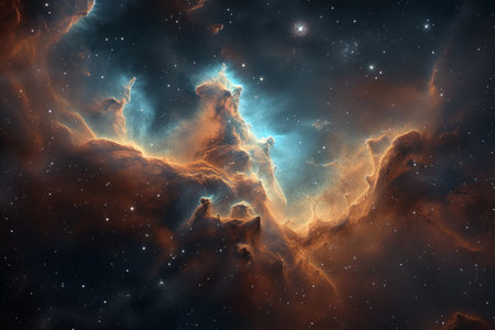 A dramatic nebula in space, with swirling clouds of gas and dust illuminated by starlight.の素材