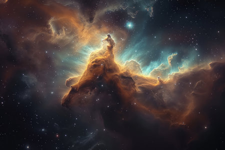 A dramatic nebula in space, with swirling clouds of gas and dust illuminated by starlight.の素材
