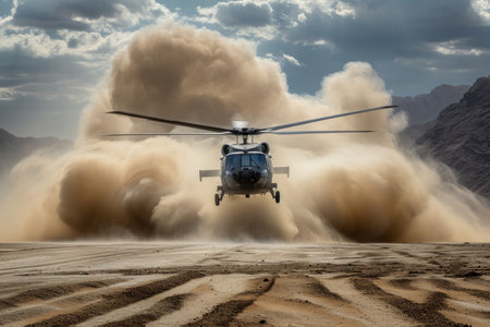 A helicopter landing in a desert, kicking up a large cloud of dust.の素材