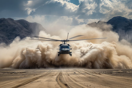 A helicopter landing in a desert, kicking up a large cloud of dust.の素材