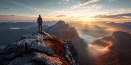 A person standing on a mountain peak with a scenic view of the surrounding landscape at sunrise.の素材