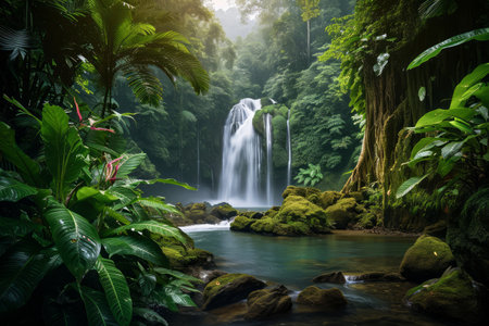 A serene tropical rainforest with a waterfall and lush vegetation.の素材