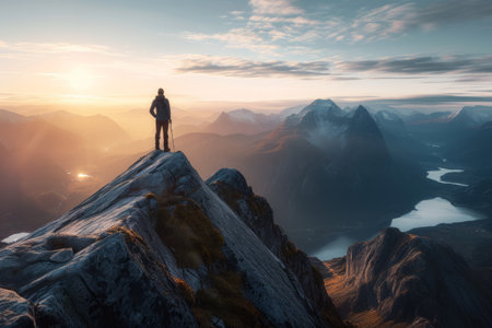 A person standing on a mountain peak with a scenic view of the surrounding landscape at sunrise.の素材